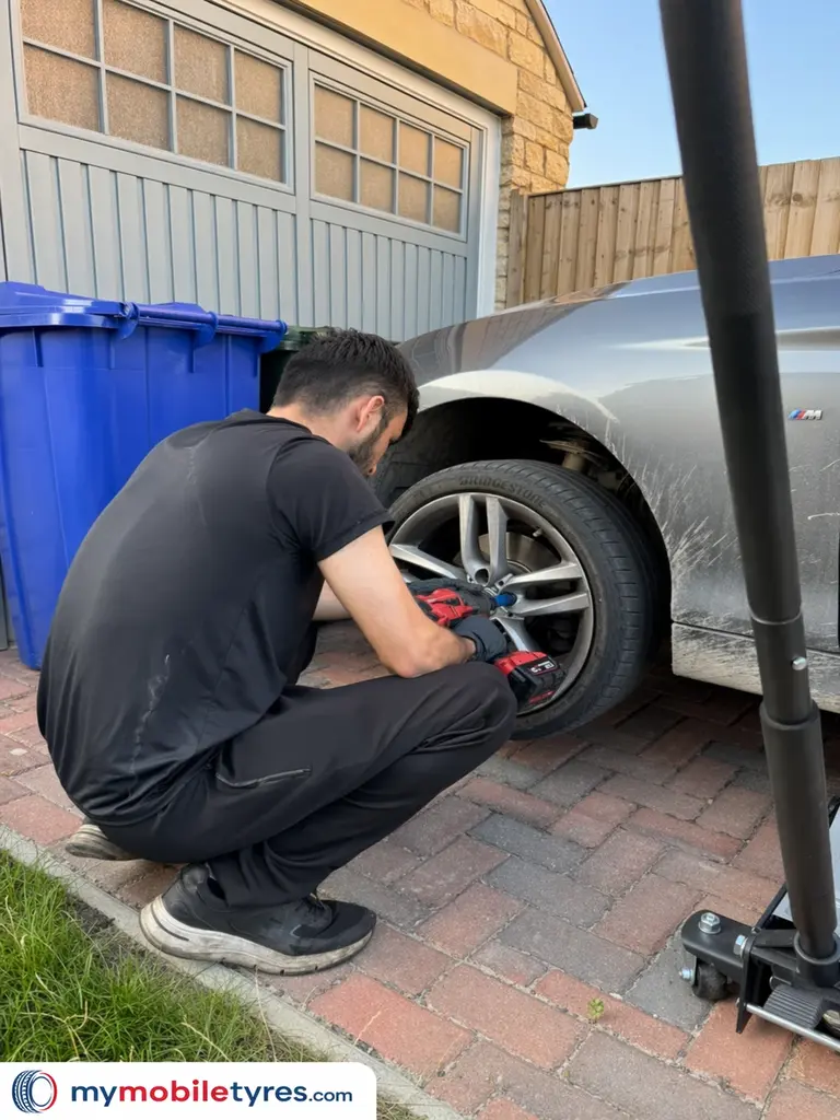 Mobile tyre fitter working on a car tyre in Kingston Upon Thames